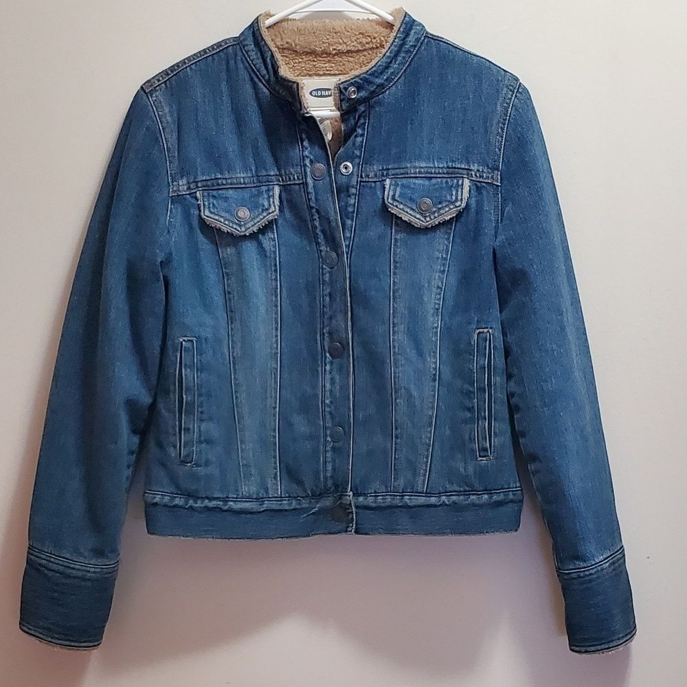 Y2k Moto Bomber Style Old Navy Sherpa lined Blue jean jacket Size Small